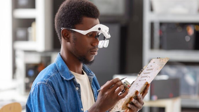 Gros plan sur un homme réparant des puces informatiques Crédit image : Freepik